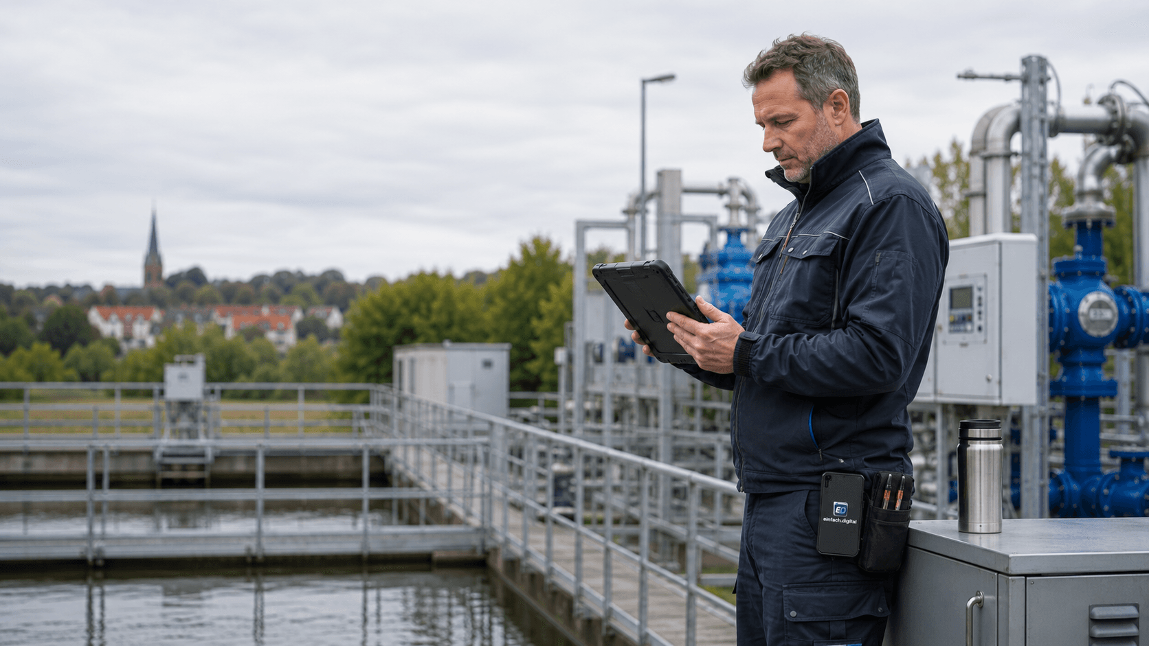 Betriebspersonal dokumentiert eine Pumpwerk-Kontrolle mit dem Tablet vor Ort