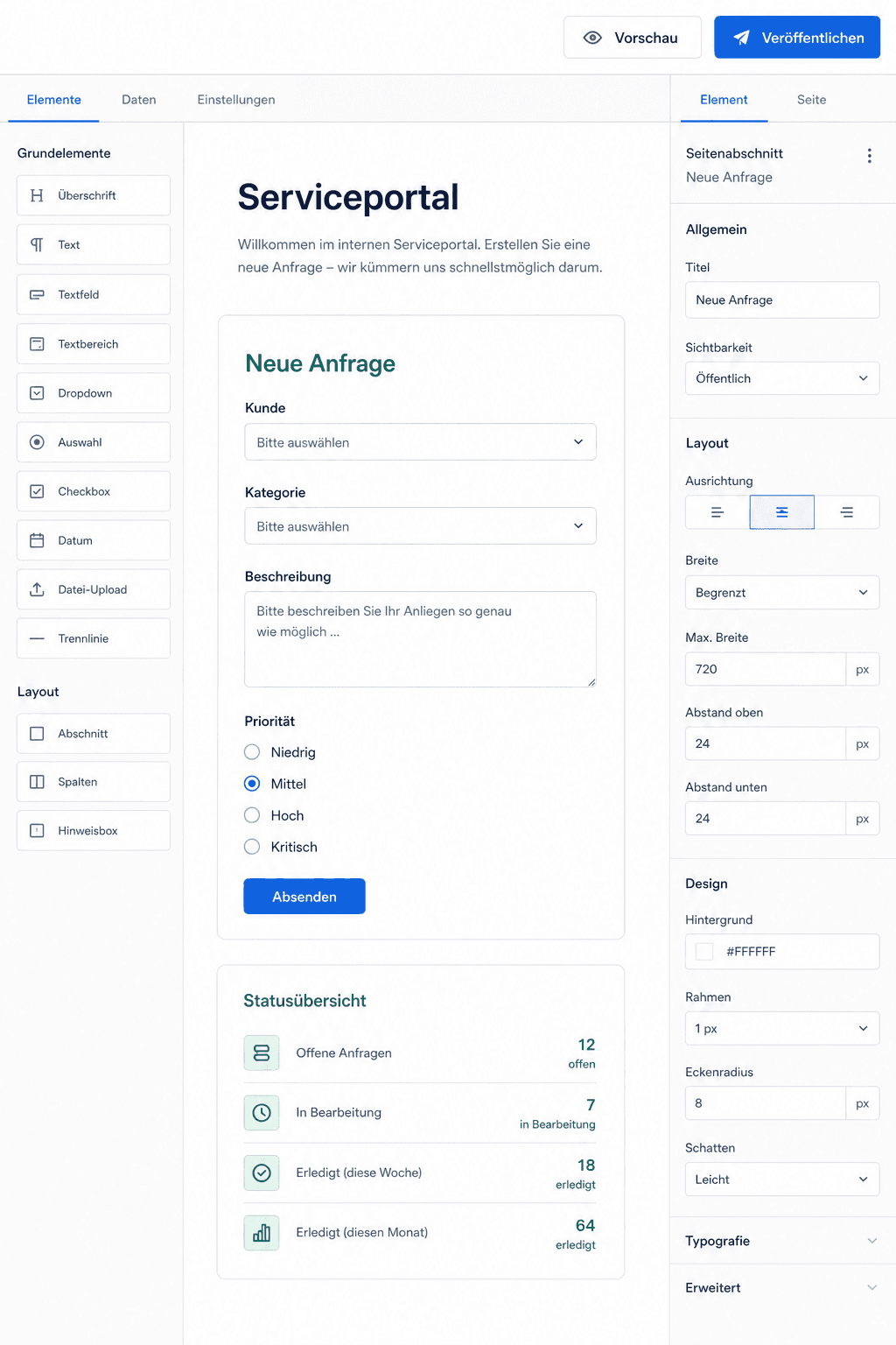 Beispielhafte Baserow-App-Builder-Oberfläche für ein internes Serviceportal