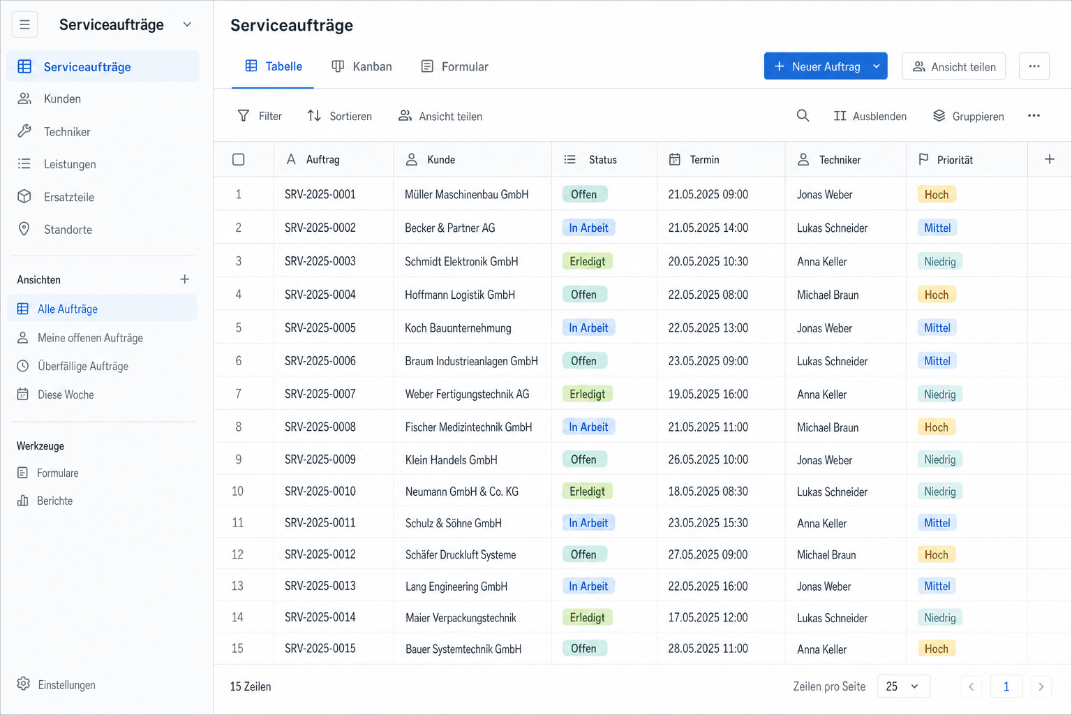 Beispielhafte Baserow-Datenbank für Serviceaufträge mit Tabelle, Status, Termin und Zuständigkeit