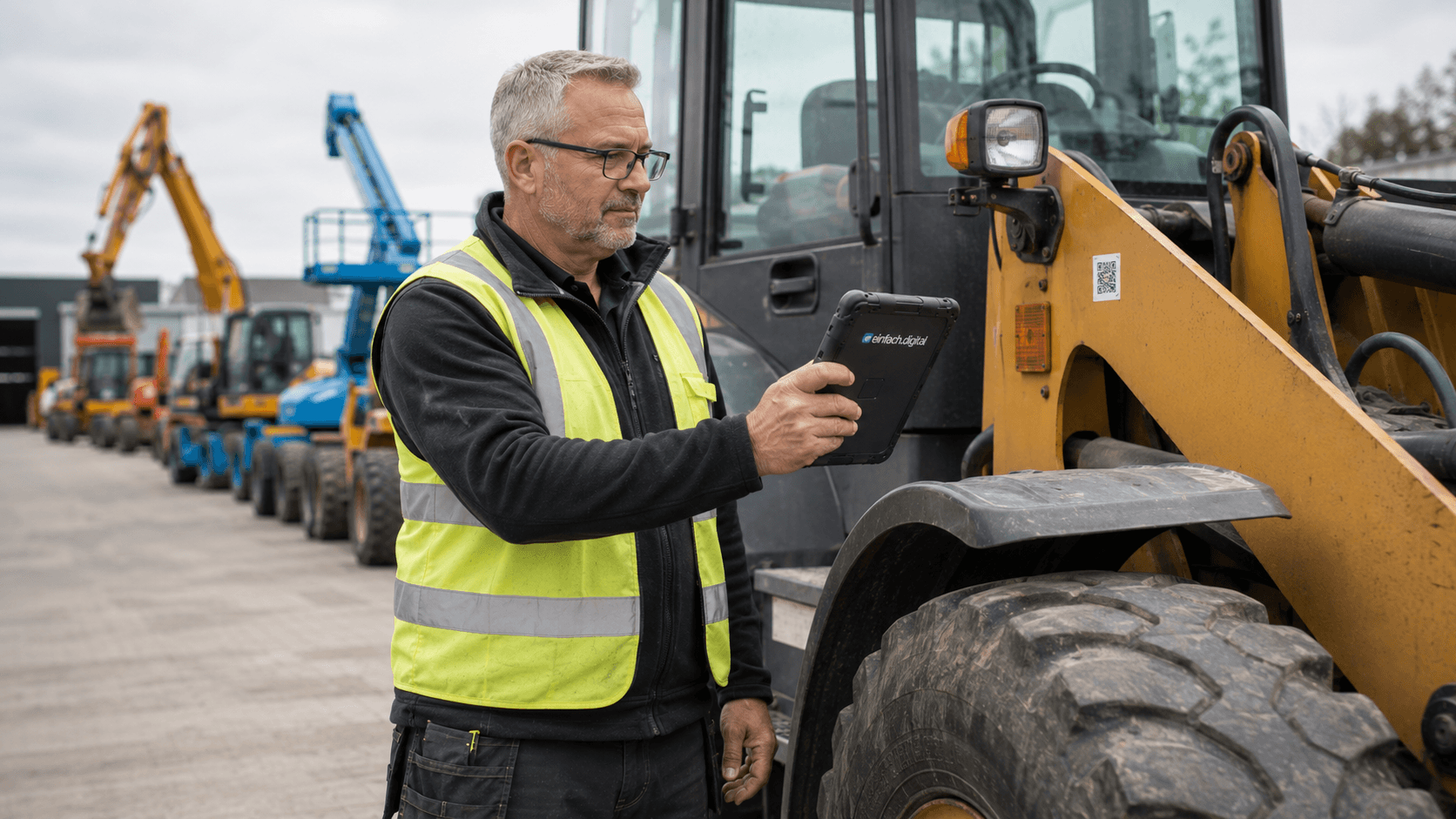 Mitarbeiter dokumentiert die Übergabe einer Baumaschine mit dem Tablet auf dem Mietpark