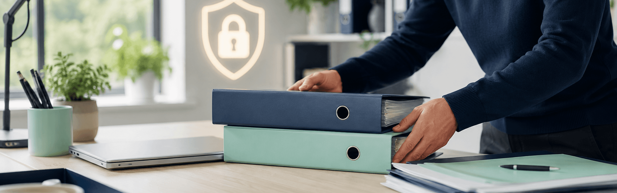 Ordner für Datenschutz-Dokumentation werden strukturiert am Arbeitsplatz abgelegt