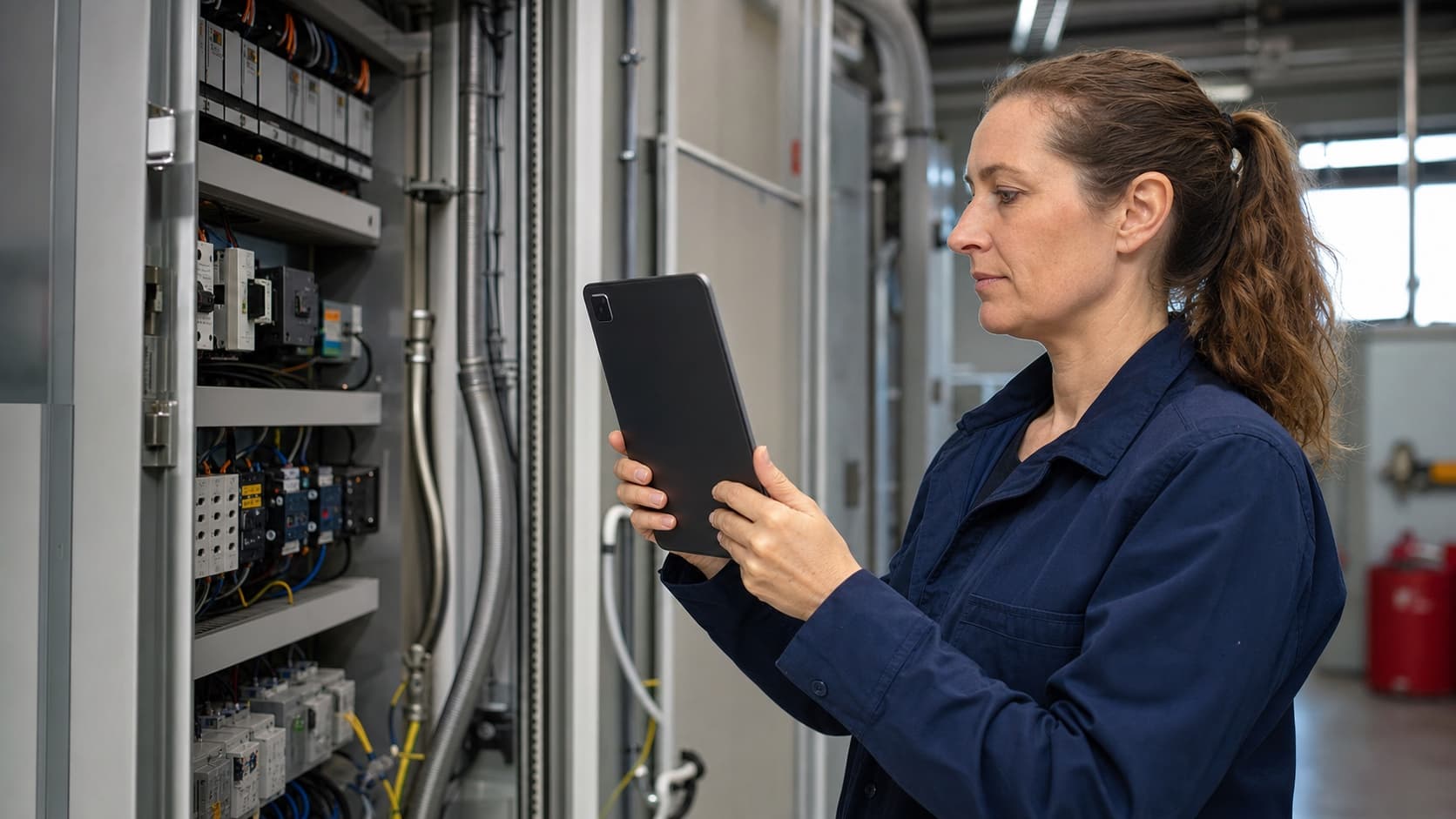 Mitarbeiterin eines technischen Betriebs prüft einen Schaltschrank und dokumentiert die Ergebnisse auf einem Tablet