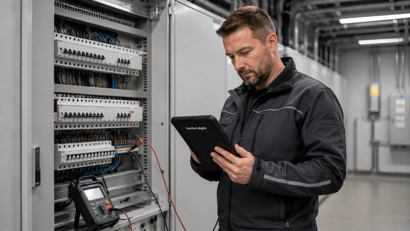 Elektrofachkraft erfasst eine Anlagenprüfung mit dem Tablet am Schaltschrank