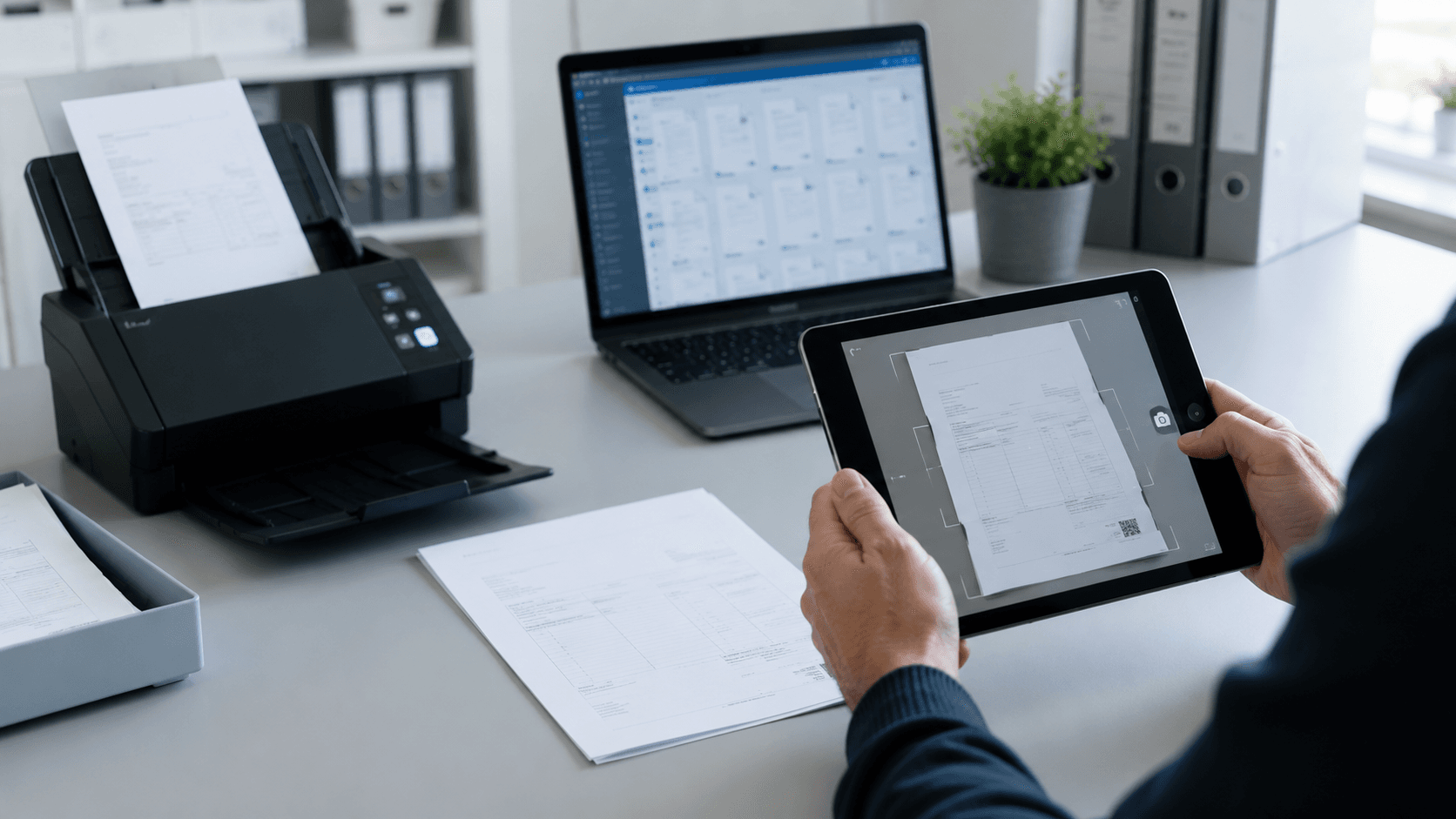 Ein Scanarbeitsplatz mit Dokumentenscanner und Laptop, daneben die mobile Erfassung eines Belegs per Tablet.
