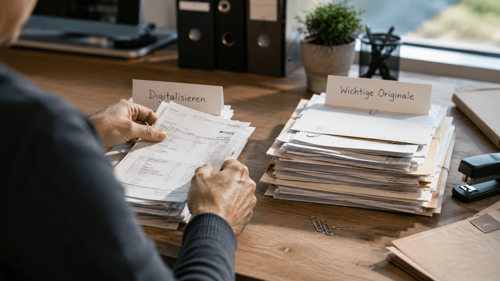 Papierbelege werden in zwei Stapel sortiert: Unterlagen, die digitalisiert werden dürfen, und Originale, die aufbewahrt werden müssen.