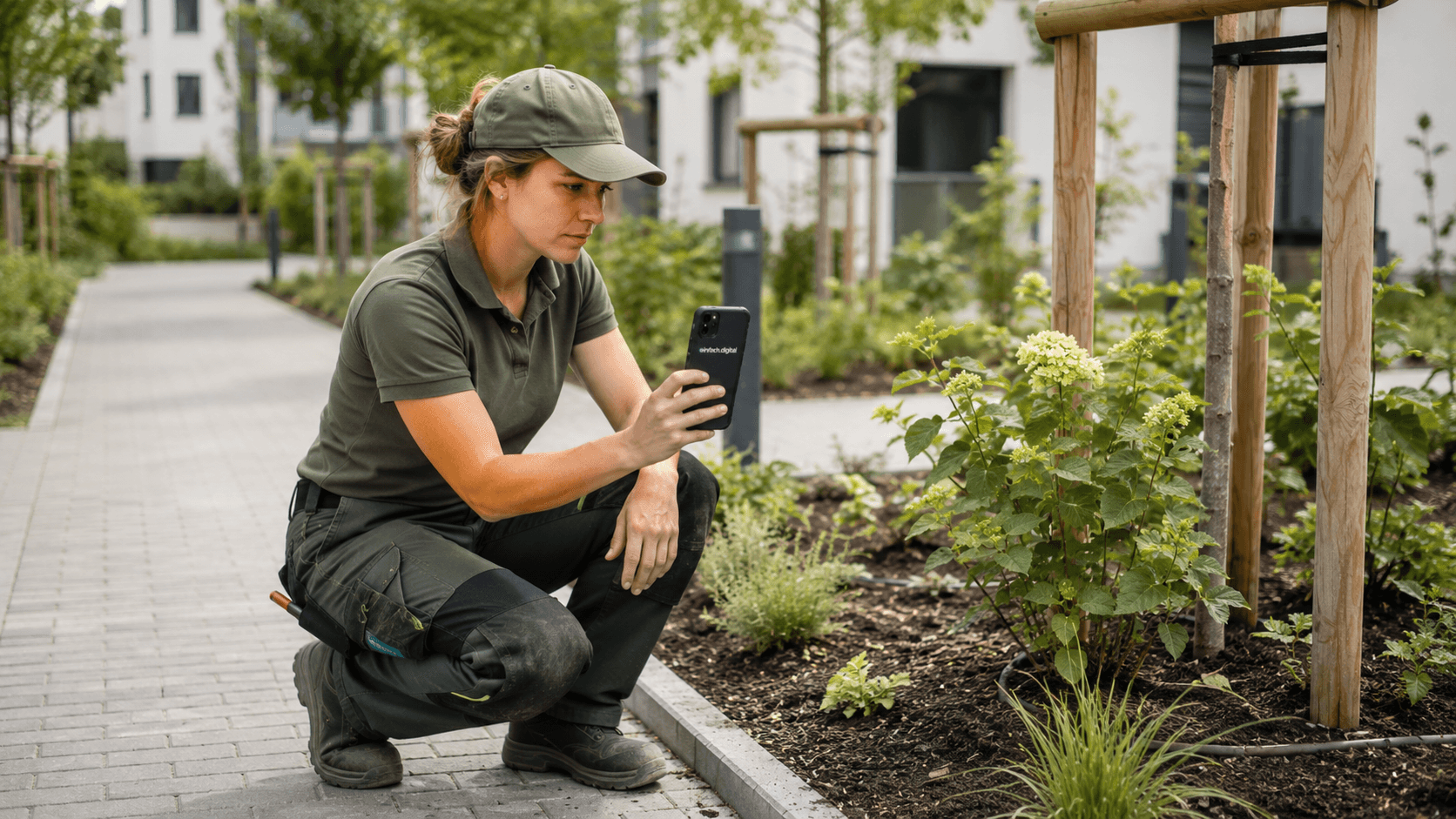 Landschaftsgärtner dokumentiert eine Abnahme einer Außenanlage mit dem Smartphone