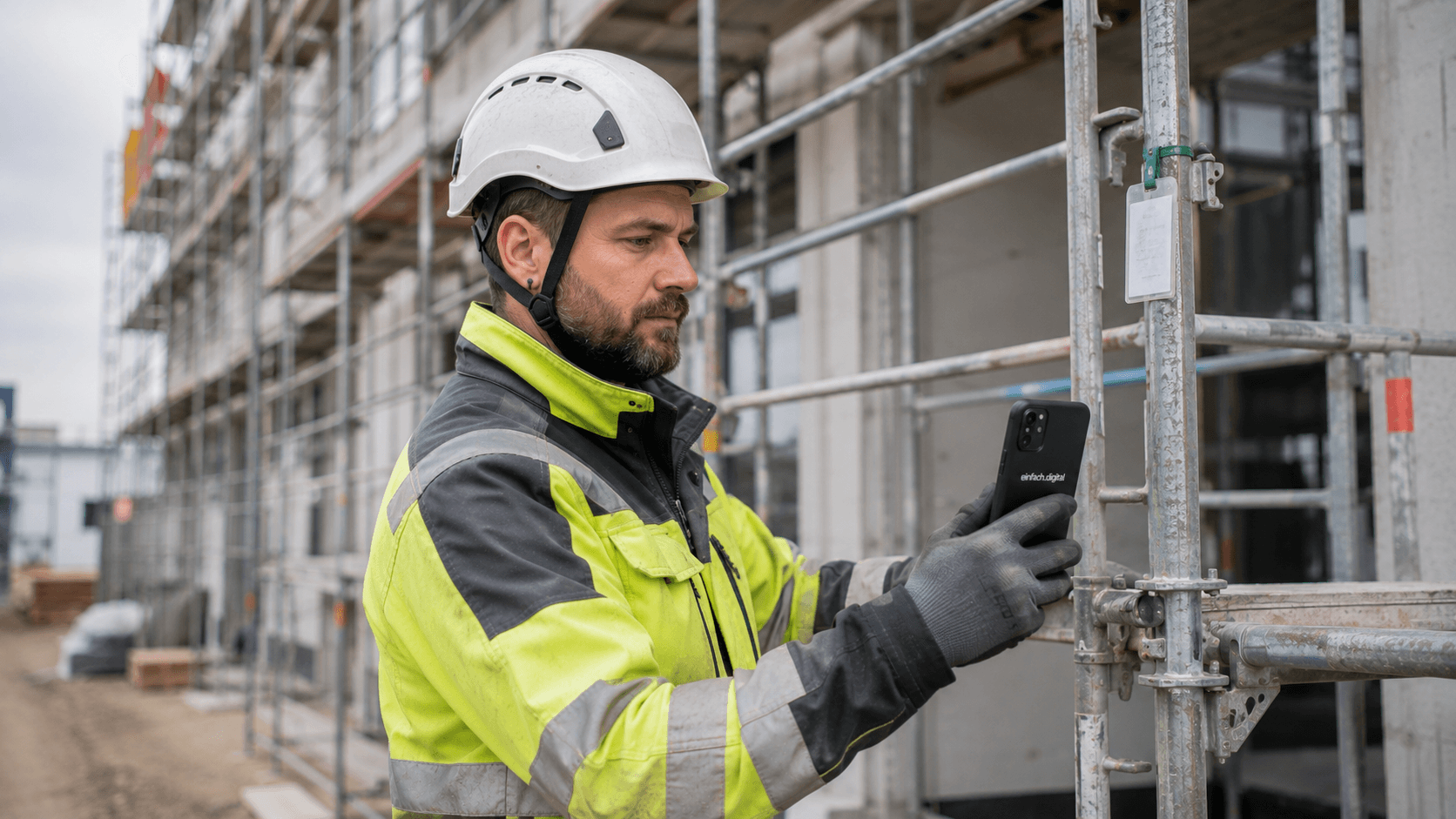 Gerüstbauer dokumentiert eine Gerüstprüfung und Freigabe mit dem Smartphone an der Fassade