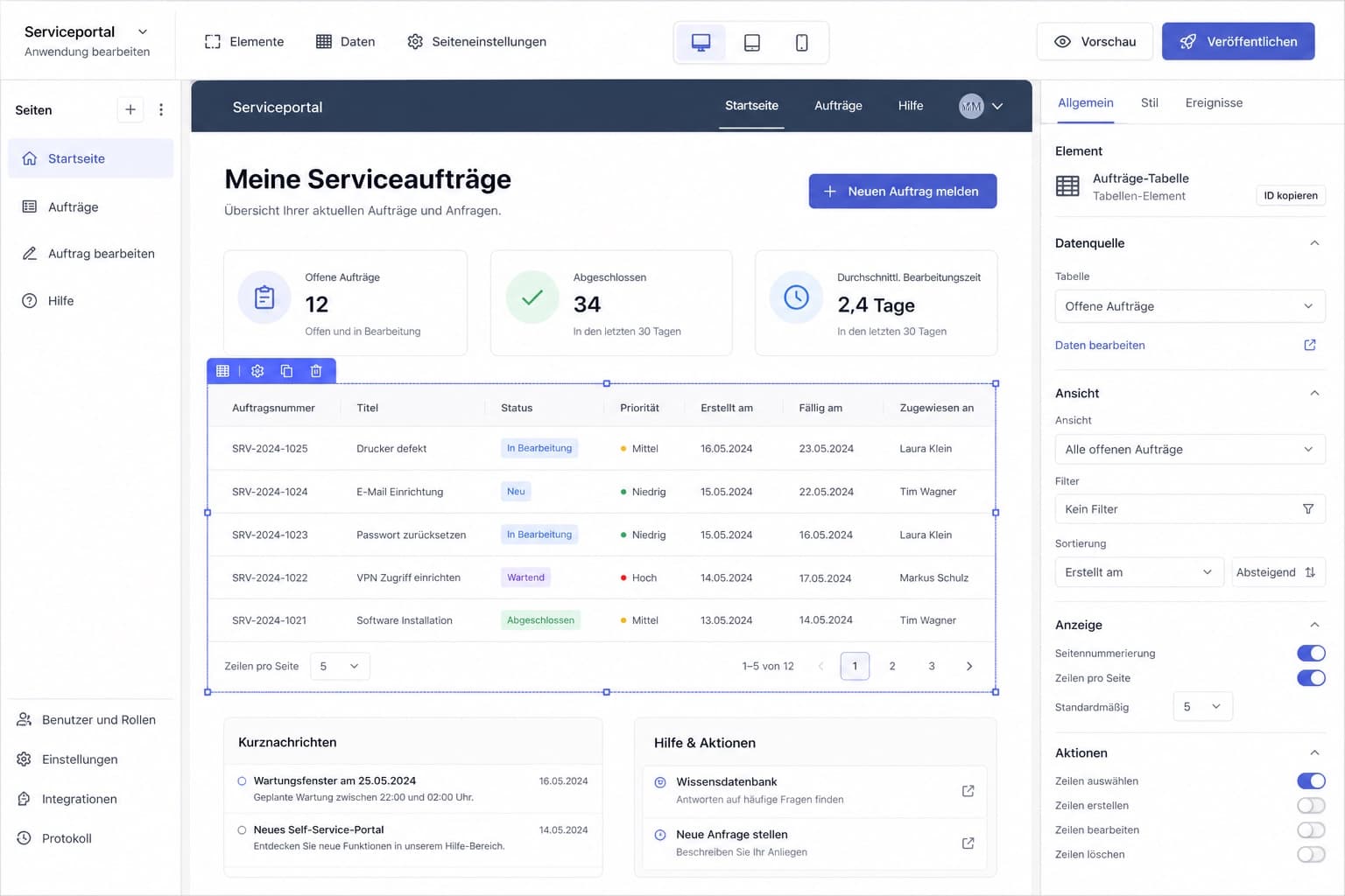 Fiktive Baserow-nahe Application-Builder-Ansicht eines deutschen Serviceportals