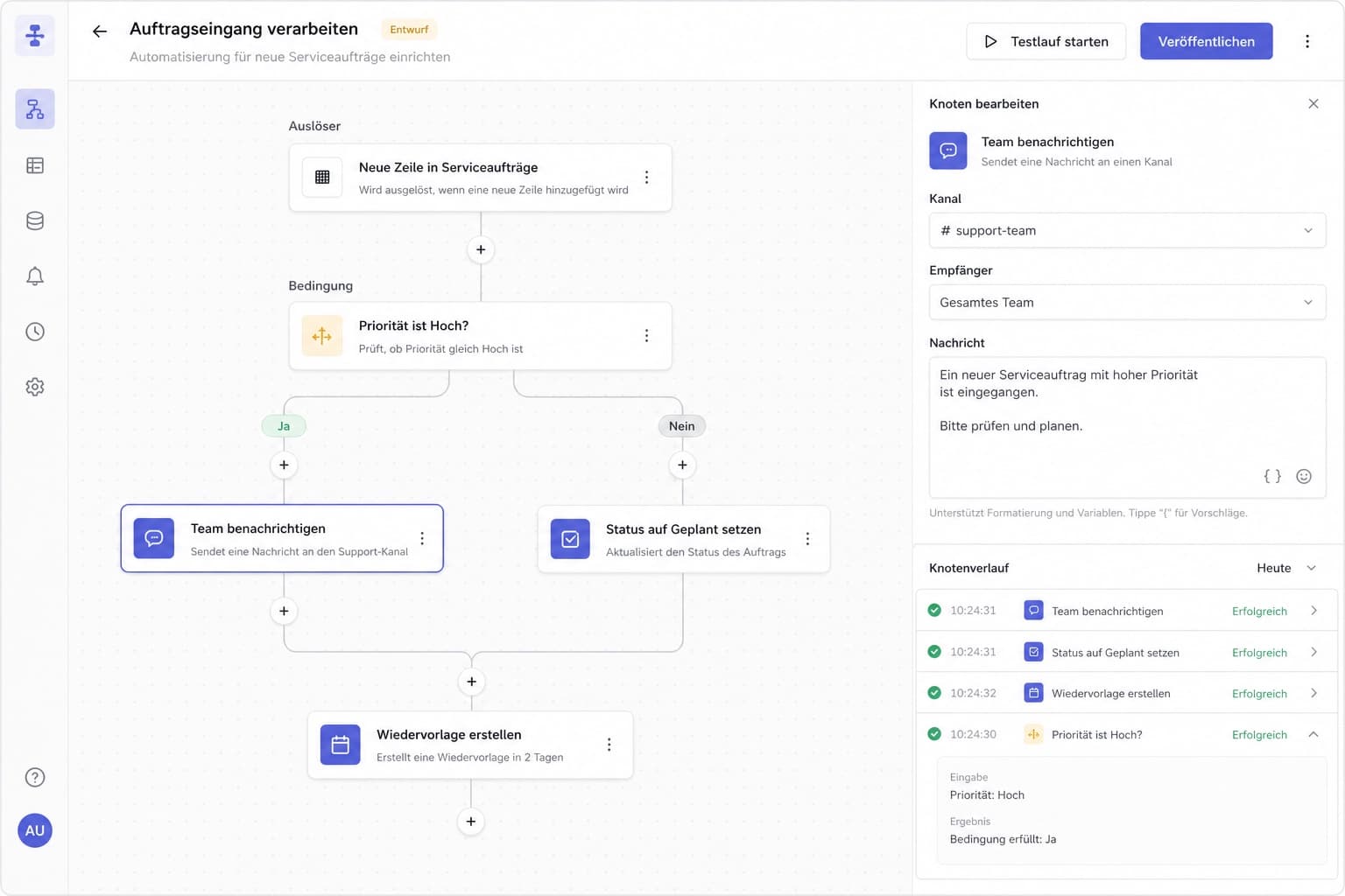 Fiktive Baserow-nahe Automation mit Auslöser, Bedingung, Aktionen, Testlauf und Knotenverlauf
