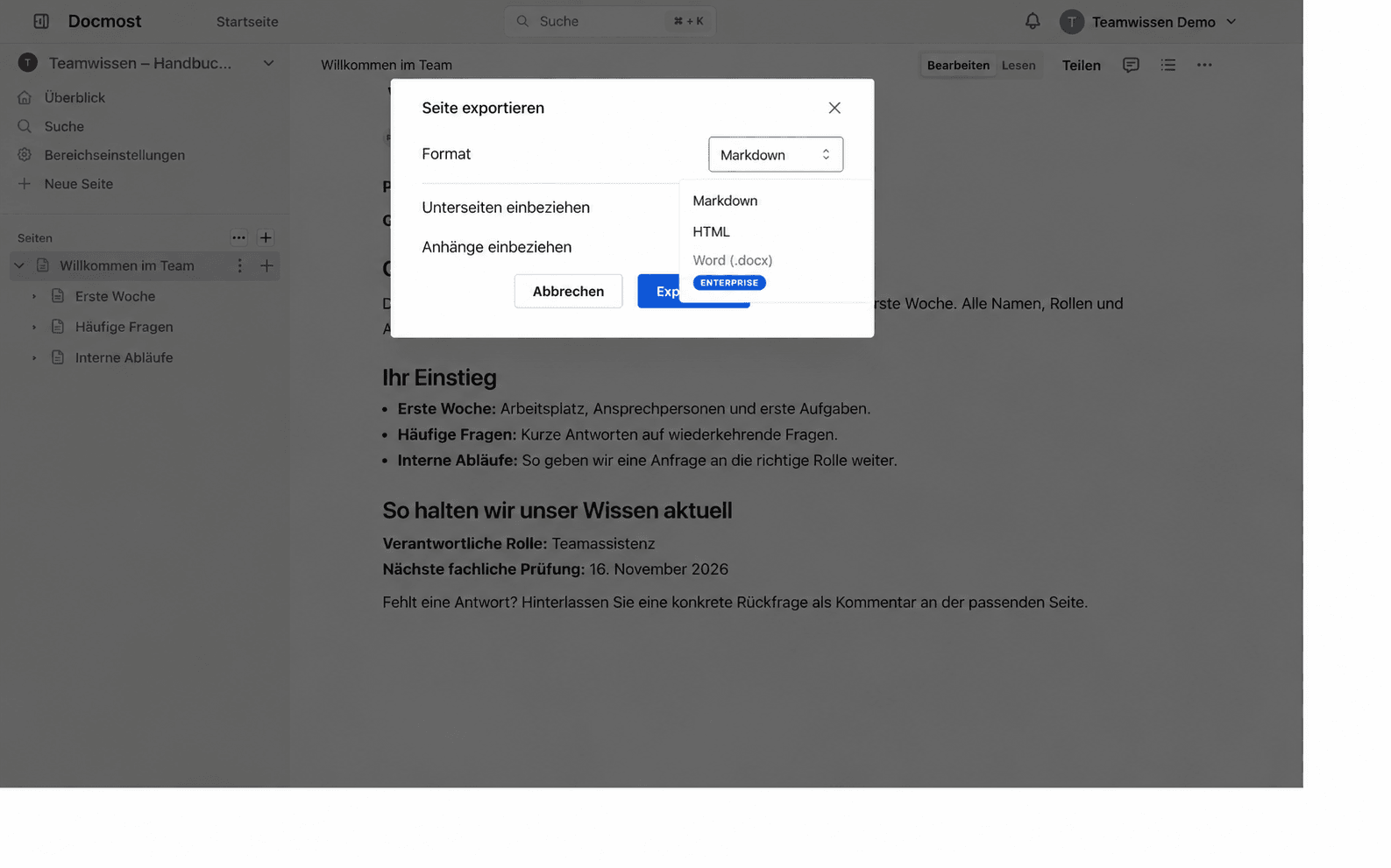 Docmost-Exportdialog mit Markdown, HTML und der gesperrten Word-Option mit Enterprise-Kennzeichnung