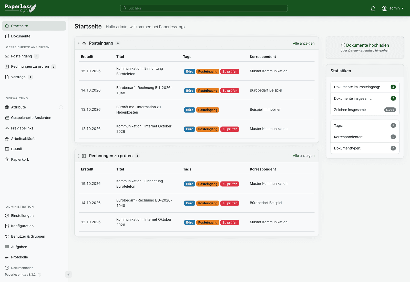 Paperless-Startseite mit Upload und selbst eingerichteten Eingangslisten