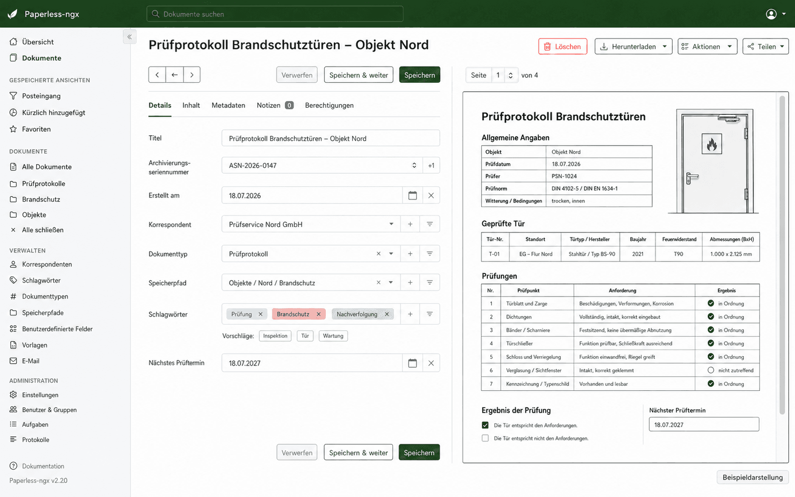 Paperless-ngx-Detailansicht mit Reitern für Notizen und Berechtigungen