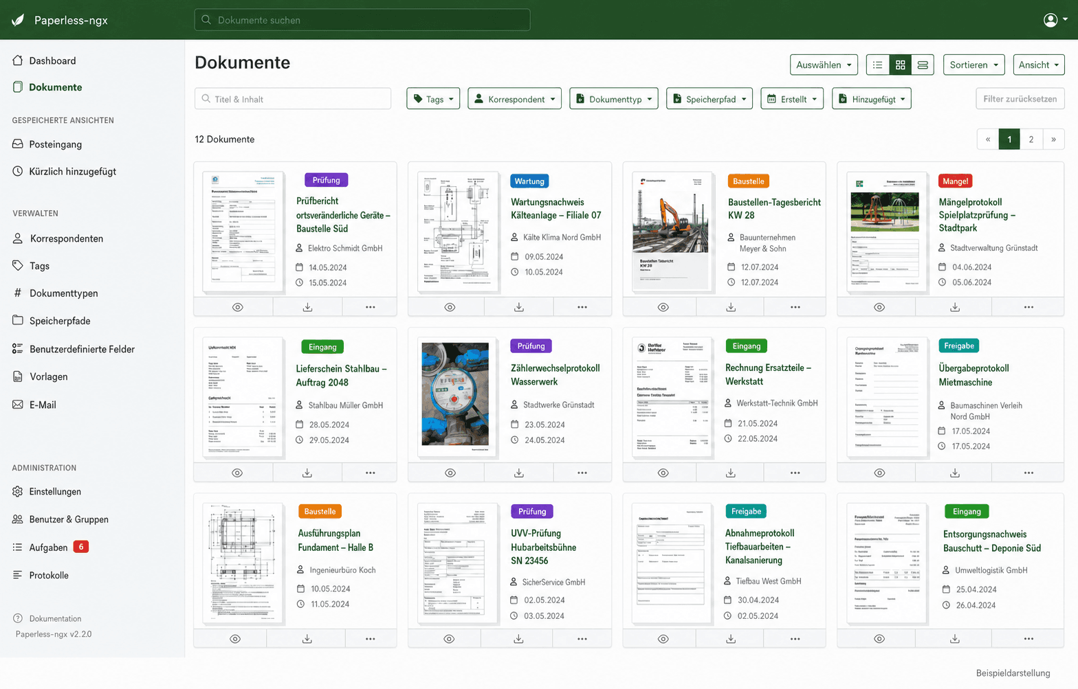 Paperless-ngx-Dokumentenübersicht mit Prüfberichten, Wartungsnachweisen und Baustellendokumenten