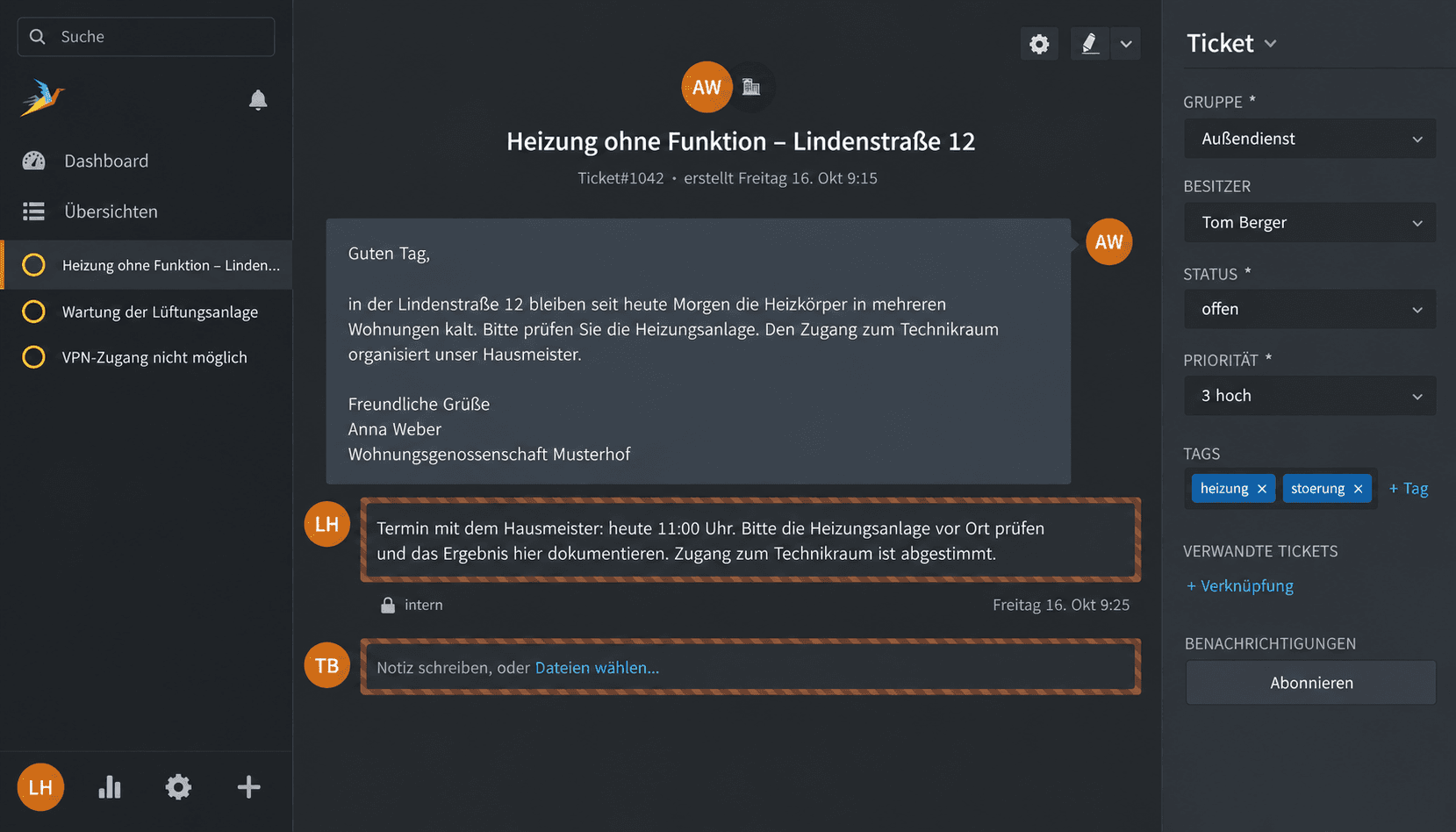 Zammad-Beispiel: Heizungsstörung mit interner Übergabenotiz, abgestimmtem Vor-Ort-Termin und Besitzer im Außendienst