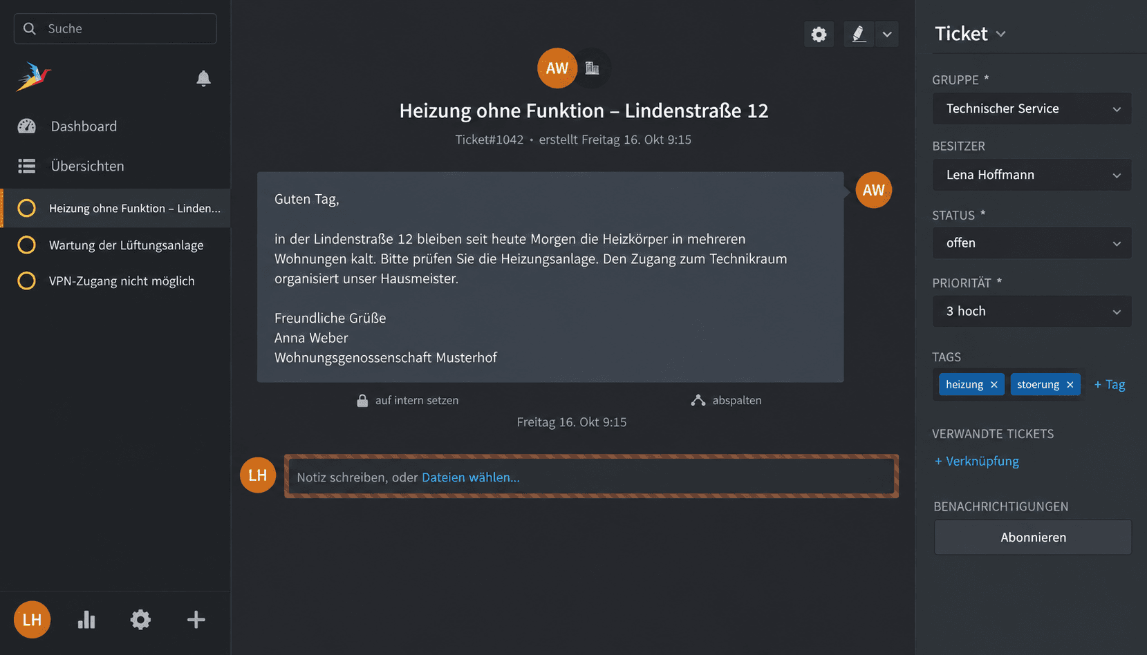 Zammad-Beispiel im dunklen Modus: Heizungsstörung einer Wohnungsgenossenschaft mit linker Navigation, Nachricht und Zuständigkeit