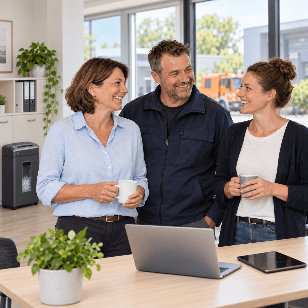 Illustration: Zufriedenes Team aus Verwaltung und Betrieb mit aufgeklapptem Laptop am aufgeräumten Tisch und Aktenvernichter im Hintergrund.