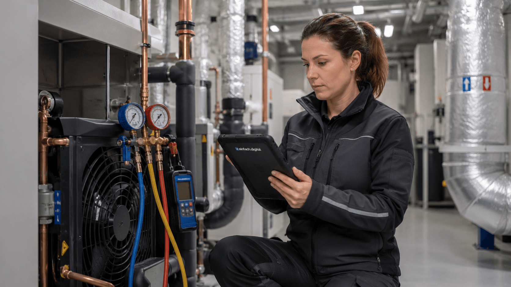 Kältetechniker dokumentiert eine Dichtheitsprüfung an einer Kälteanlage mit dem Tablet