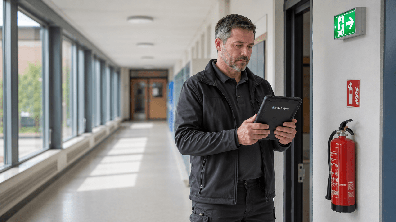 Hausmeister dokumentiert eine Sicherheitsbegehung in einem Schulgebäude mit dem Tablet