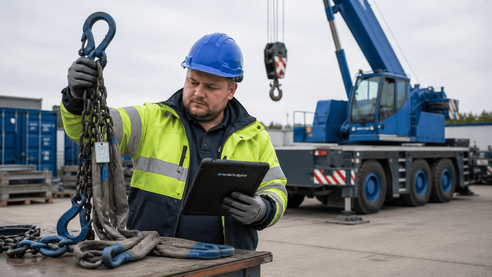 Kranführer prüft Anschlagmittel und dokumentiert die Kranstandplatz-Begehung mit dem Tablet