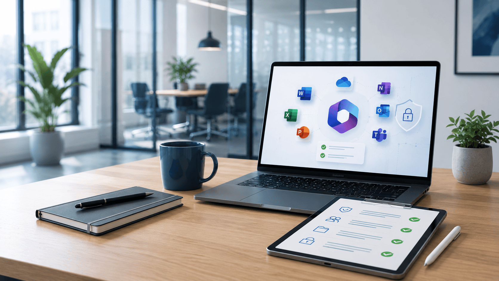 Microsoft 365 Beratung in Hannover: Laptop mit Microsoft-365-Apps und Sicherheitsschild, daneben ein Tablet mit Prüf-Checkliste