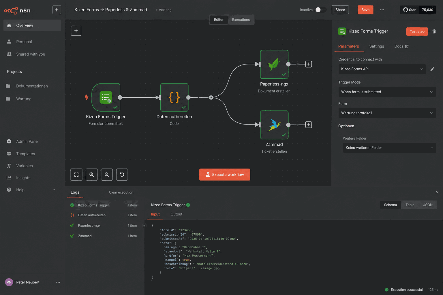 n8n-Workflow „Kizeo Forms → Paperless & Zammad“: Formular-Trigger, Datenaufbereitung und automatische Übergabe an Paperless-ngx (Dokument erstellen) und Zammad (Ticket erstellen)