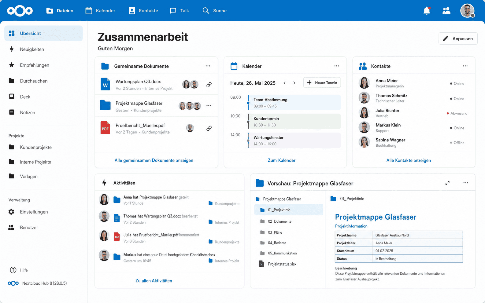 Nextcloud-Dashboard: gemeinsame Dokumente, Kalender, Kontakte und Aktivitäten in einer Ansicht