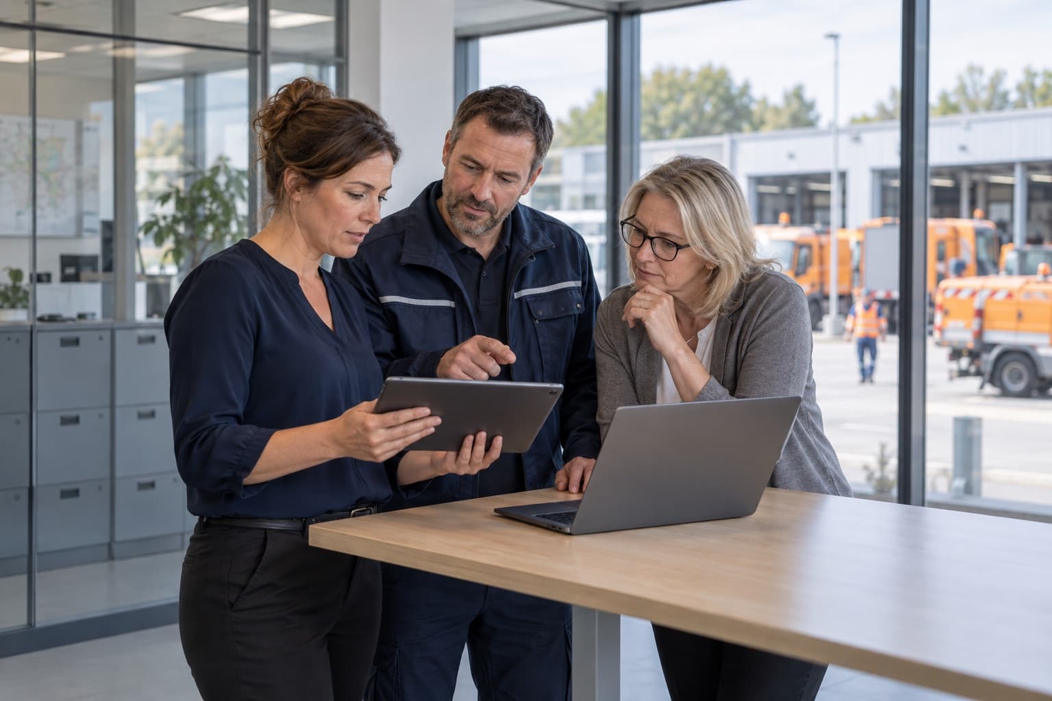 Team eines kommunalen Betriebs bespricht digitale Unterlagen am Tablet und Laptop