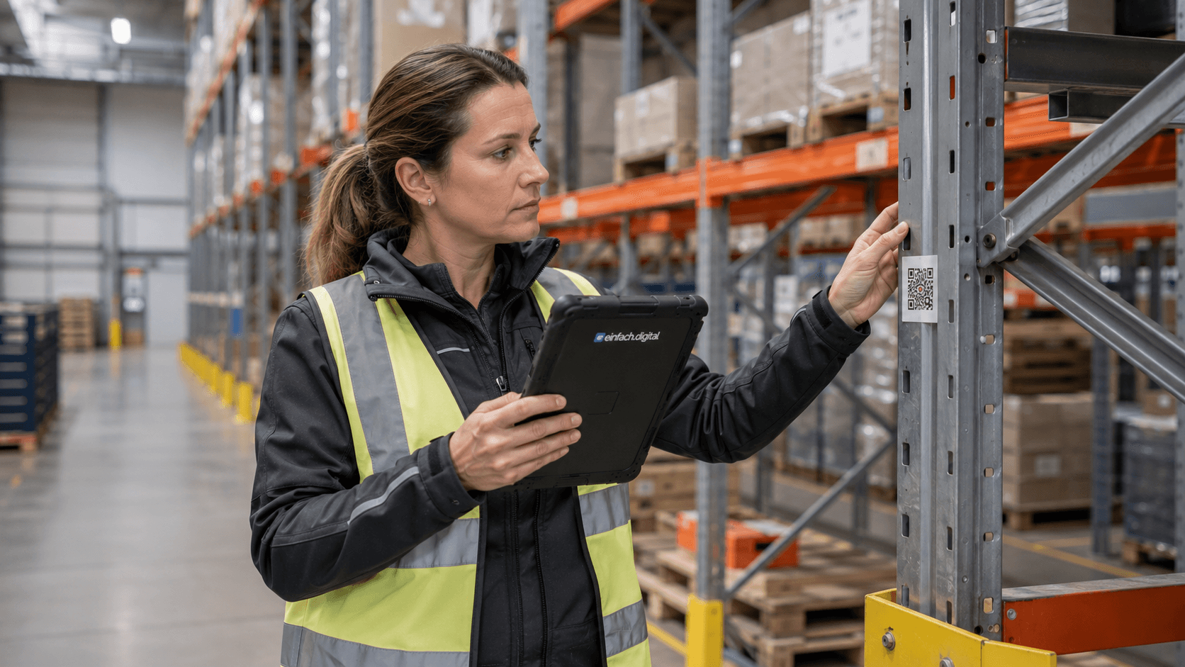 Sachverständiger erfasst eine wiederkehrende Prüfung mit dem Tablet direkt am Prüfobjekt
