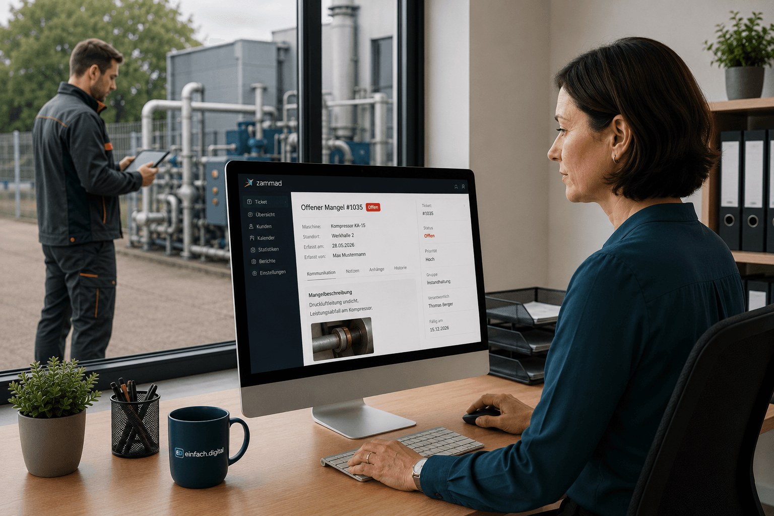 Mitarbeiterin bearbeitet am Desktop einen offenen Mangel im Zammad-Ticketsystem; im Hintergrund ein Techniker mit Tablet vor einer Kompressoranlage