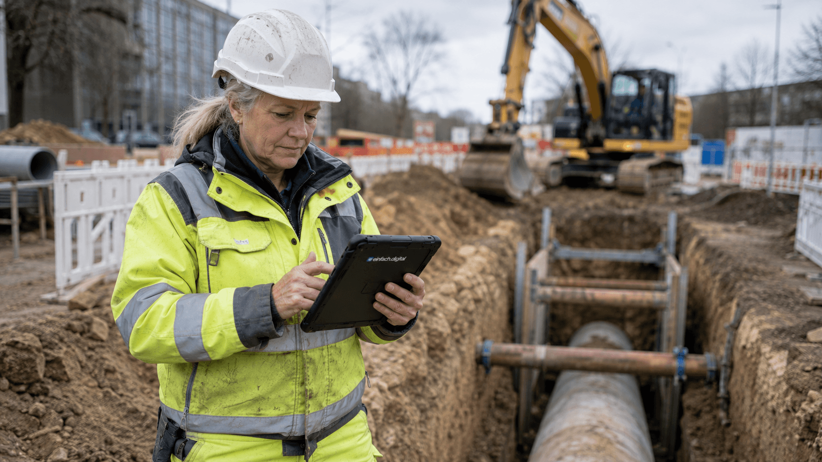 Polier dokumentiert Bodenverhältnisse und eine Leitungskreuzung im Rohrgraben mit dem Tablet