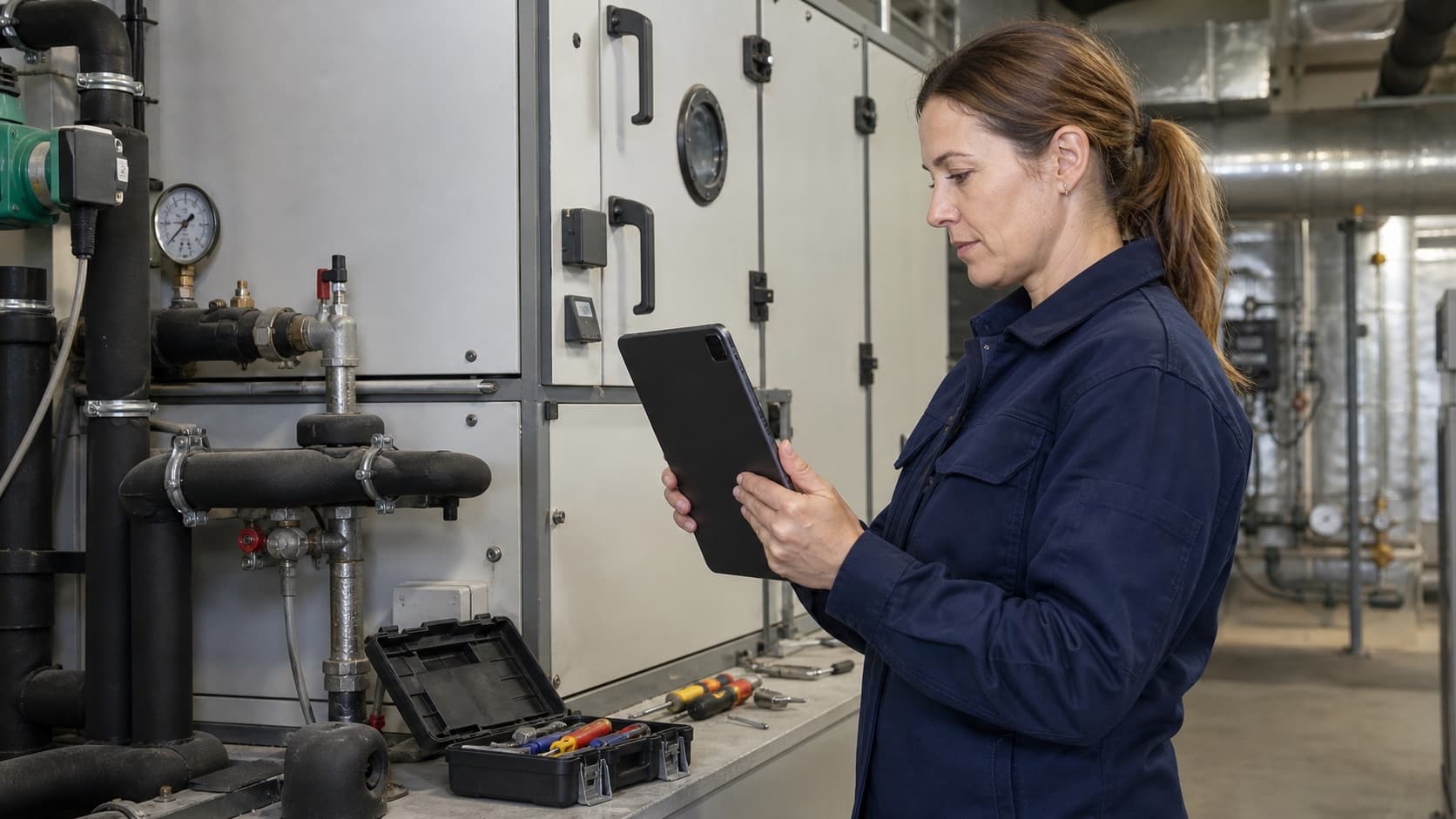 Servicetechnikerin dokumentiert eine Wartung an einer technischen Anlage auf einem Tablet