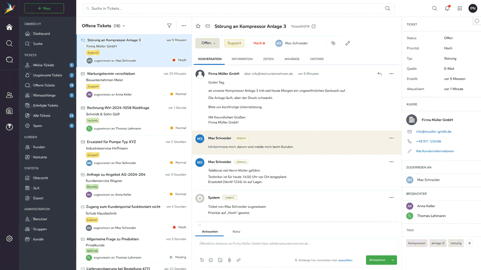 Zammad Team-Postfach: Serviceanfragen als Tickets mit Status, Priorität und Bearbeiter