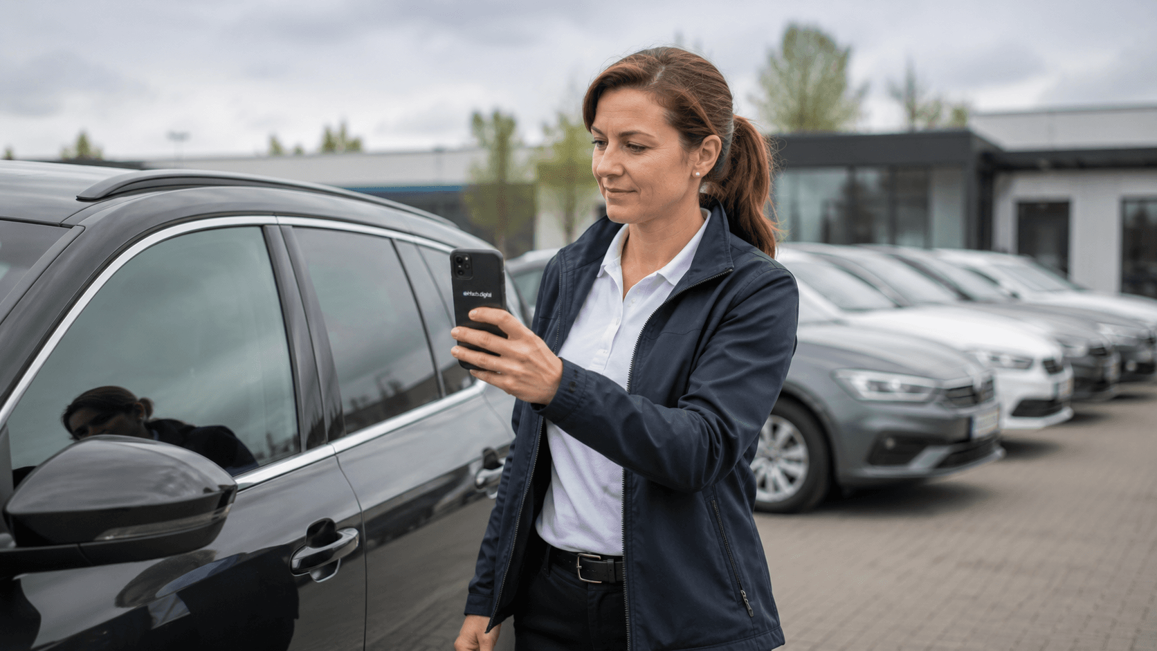 Mitarbeiterin dokumentiert eine Fahrzeugübergabe mit dem Smartphone auf dem Vermietungshof