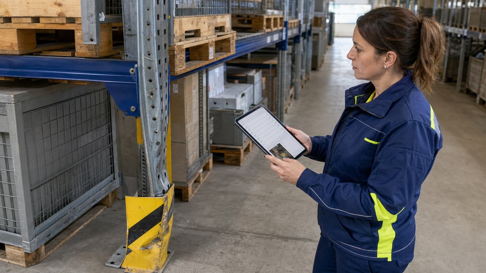 Mitarbeiterin eines technischen Betriebs dokumentiert bei einer Lagerbegehung einen beschädigten Regalschutz auf dem Tablet