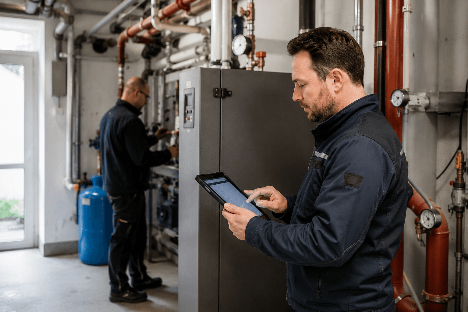 Servicetechniker dokumentiert eine Heizungsanlage im Technikraum mit dem Tablet