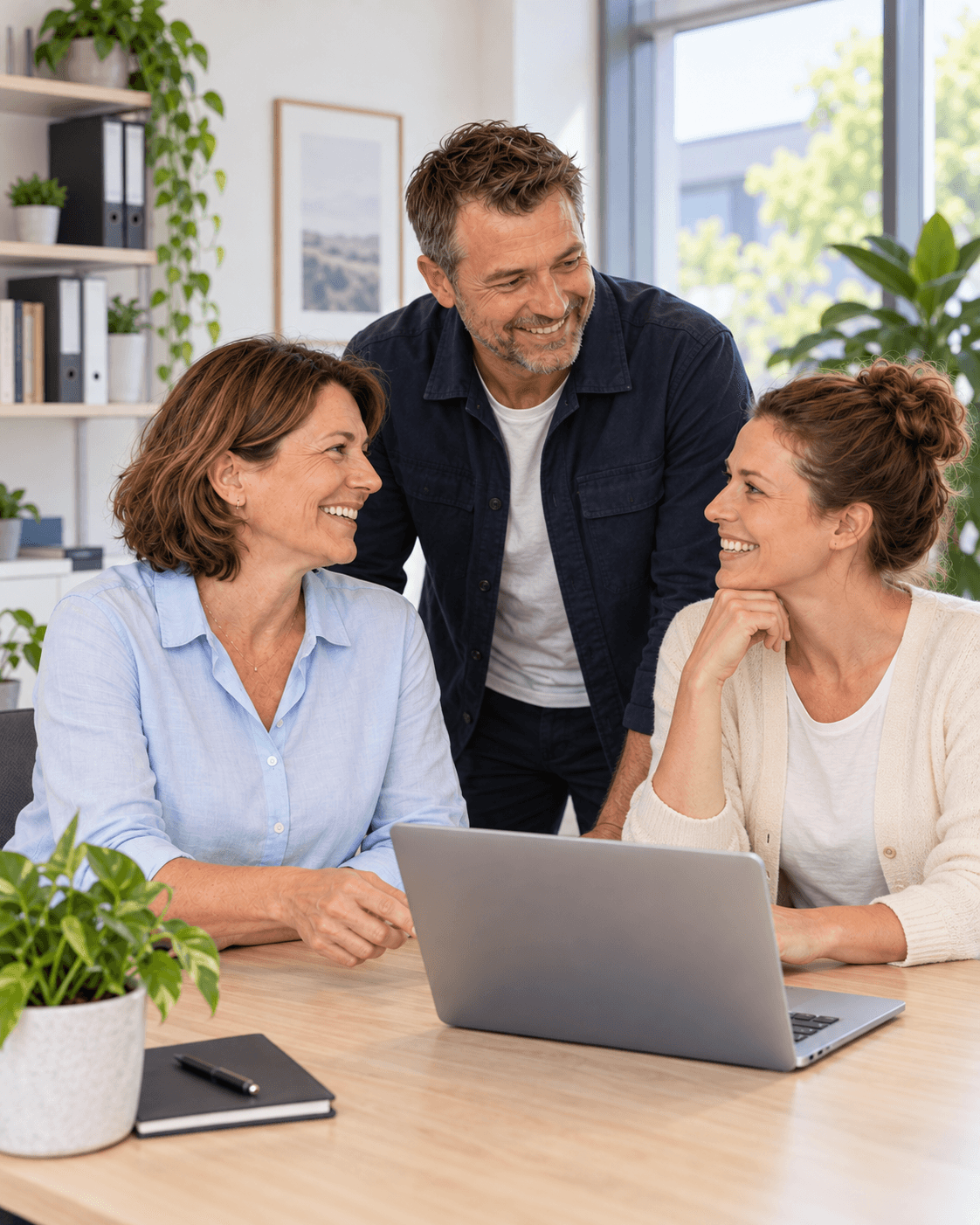 Illustration: Zufriedenes Team aus Vertrieb und Kundenbetreuung am aufgeklappten Laptop in einem hellen Büro.