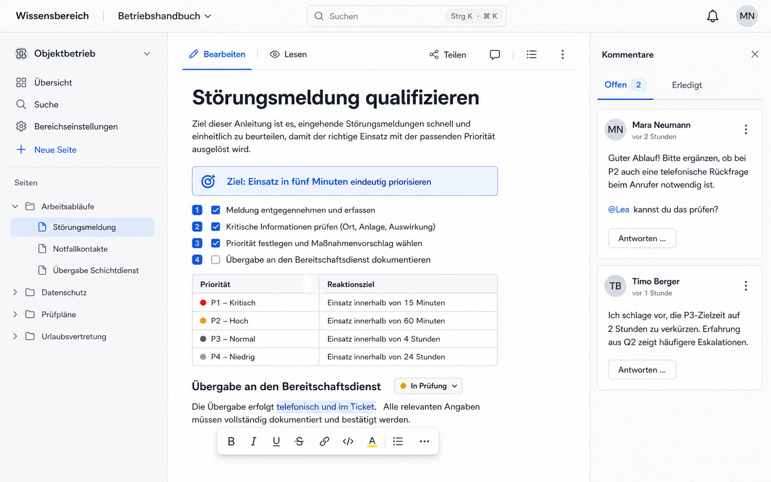 Fiktive Docmost-nahe Editoransicht einer Arbeitsanweisung mit Seitenbaum und Kommentaren