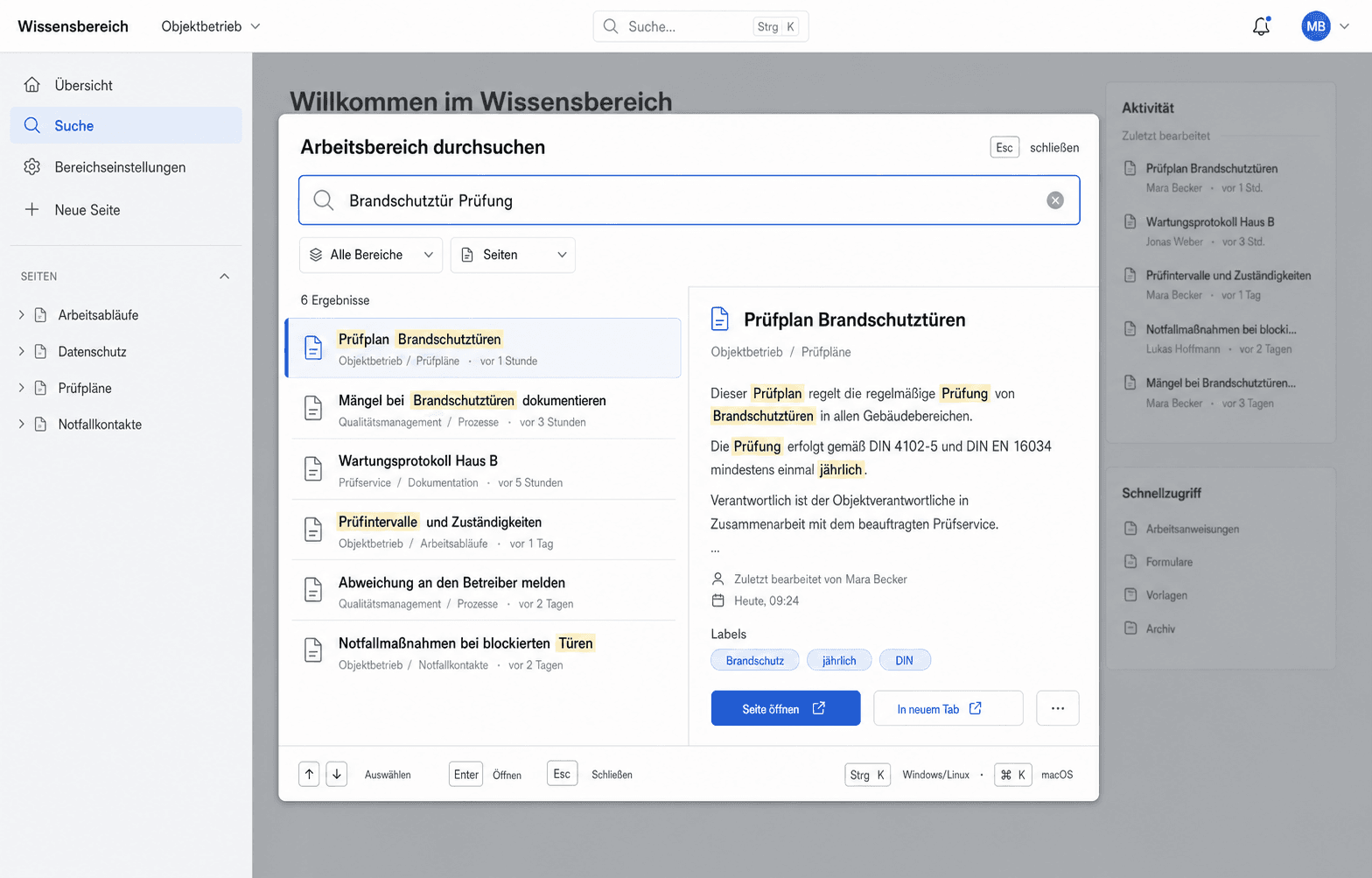 Fiktive Docmost-nahe Volltextsuche nach Prüfunterlagen mit Bereichsfilter und Seitenvorschau