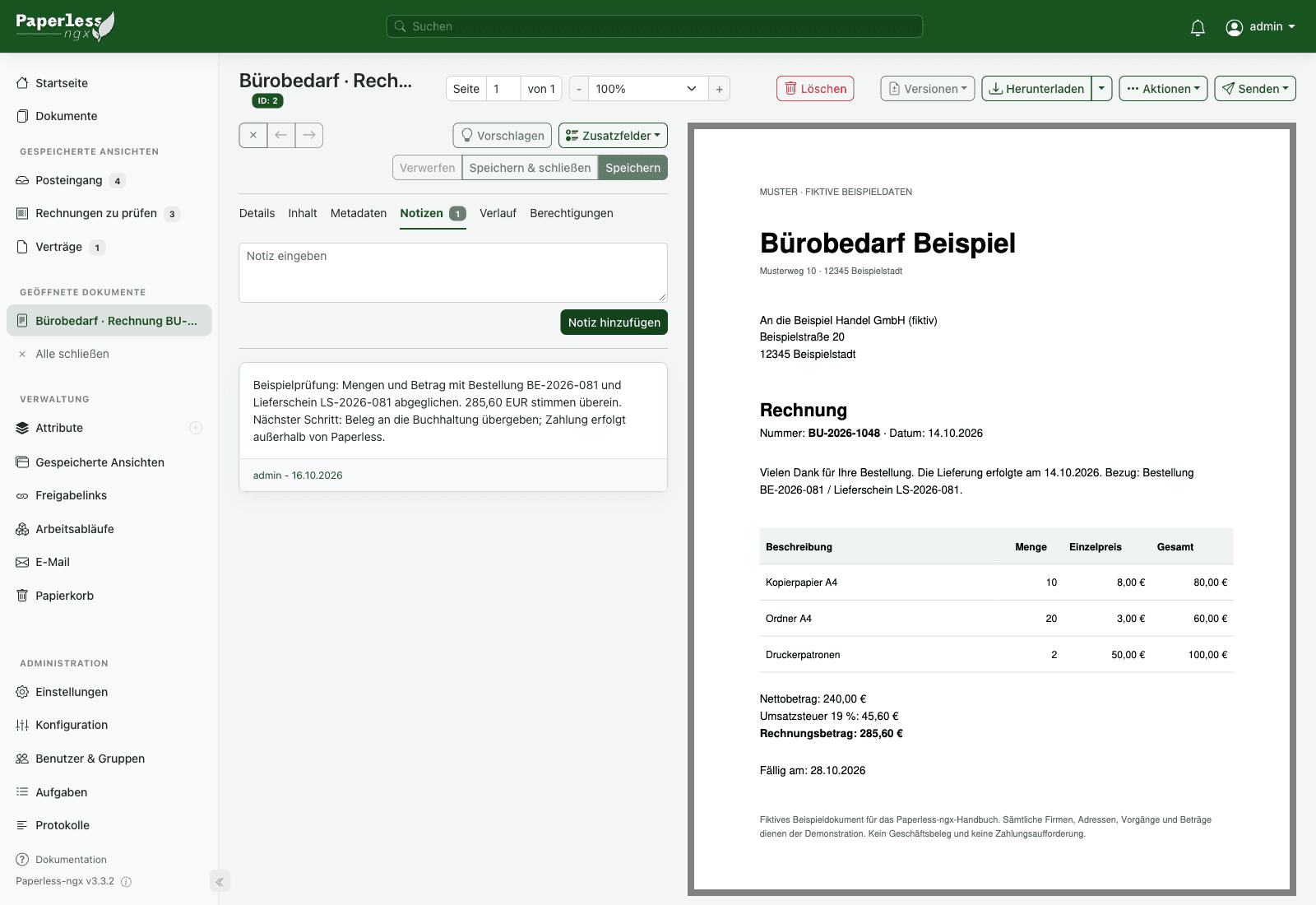 Gespeicherte Prüfnote neben der Musterrechnung in Paperless-ngx