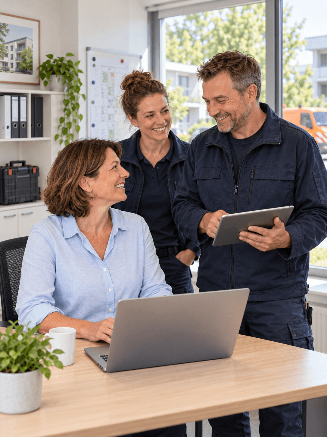 Illustration: Zufriedenes Team aus Servicekoordination und Außendienst mit aufgeklapptem Laptop und Tablet in einem hellen technischen Büro.